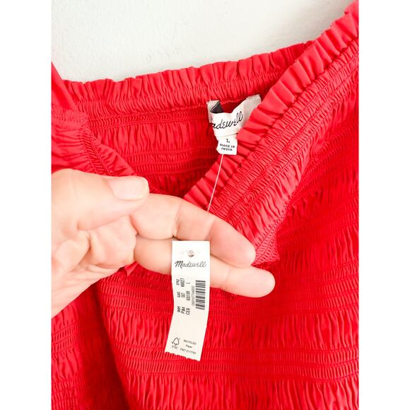 Madewell | NWT Smocked Puff Sleeve Midi Dress in Poplin in Cerise Red | Sz L - Picture 6 of 10